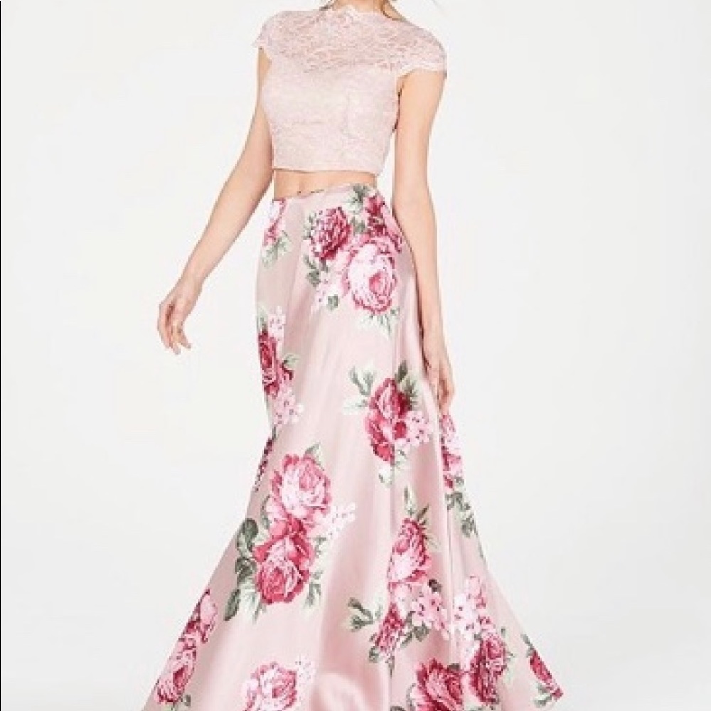 two piece pink prom dress